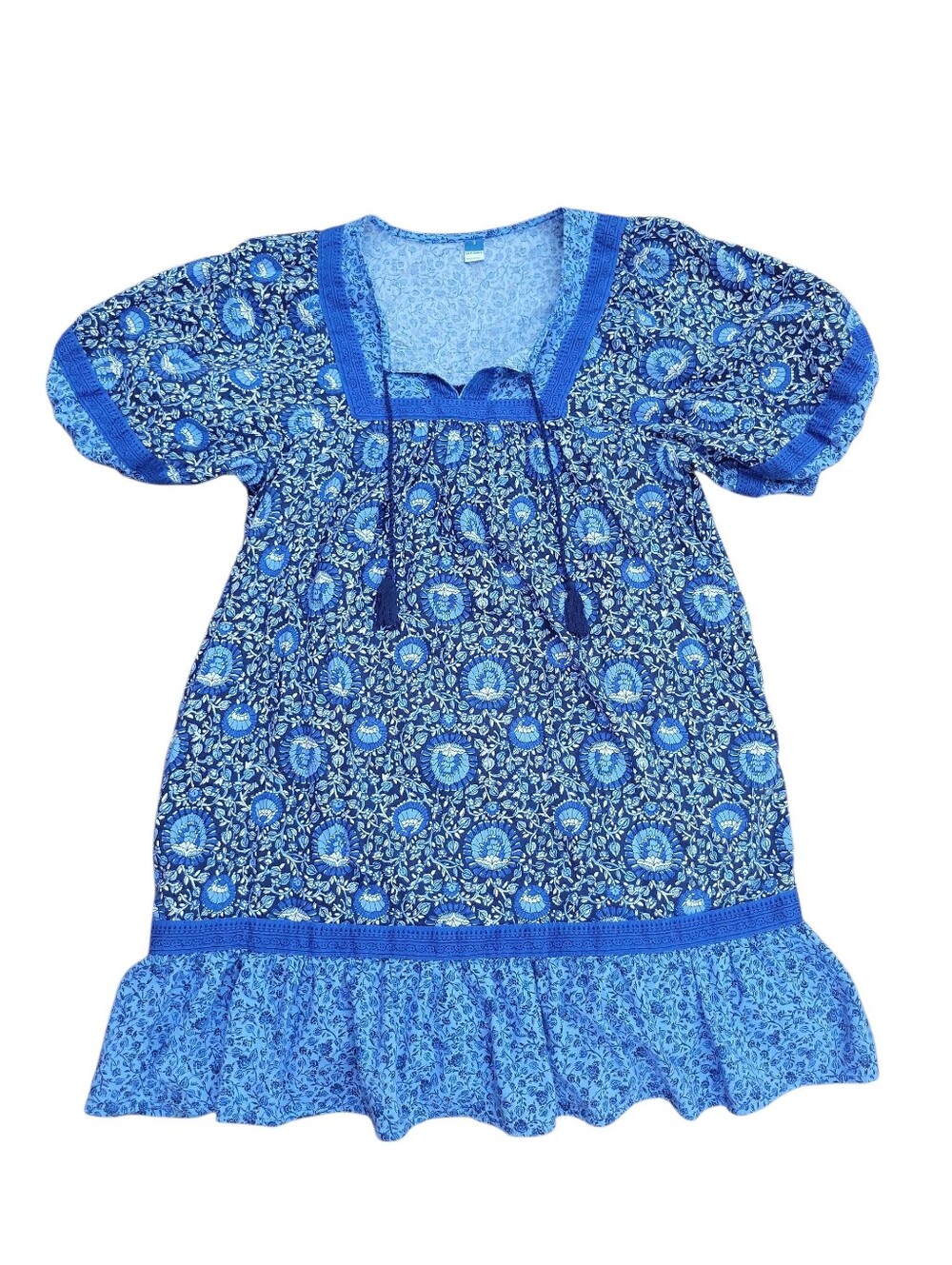 Old Navy Blue Floral Peasant Babydoll Mini Dress Size Sm Boho Cotton Puff Sleeve - Picture 16 of 16